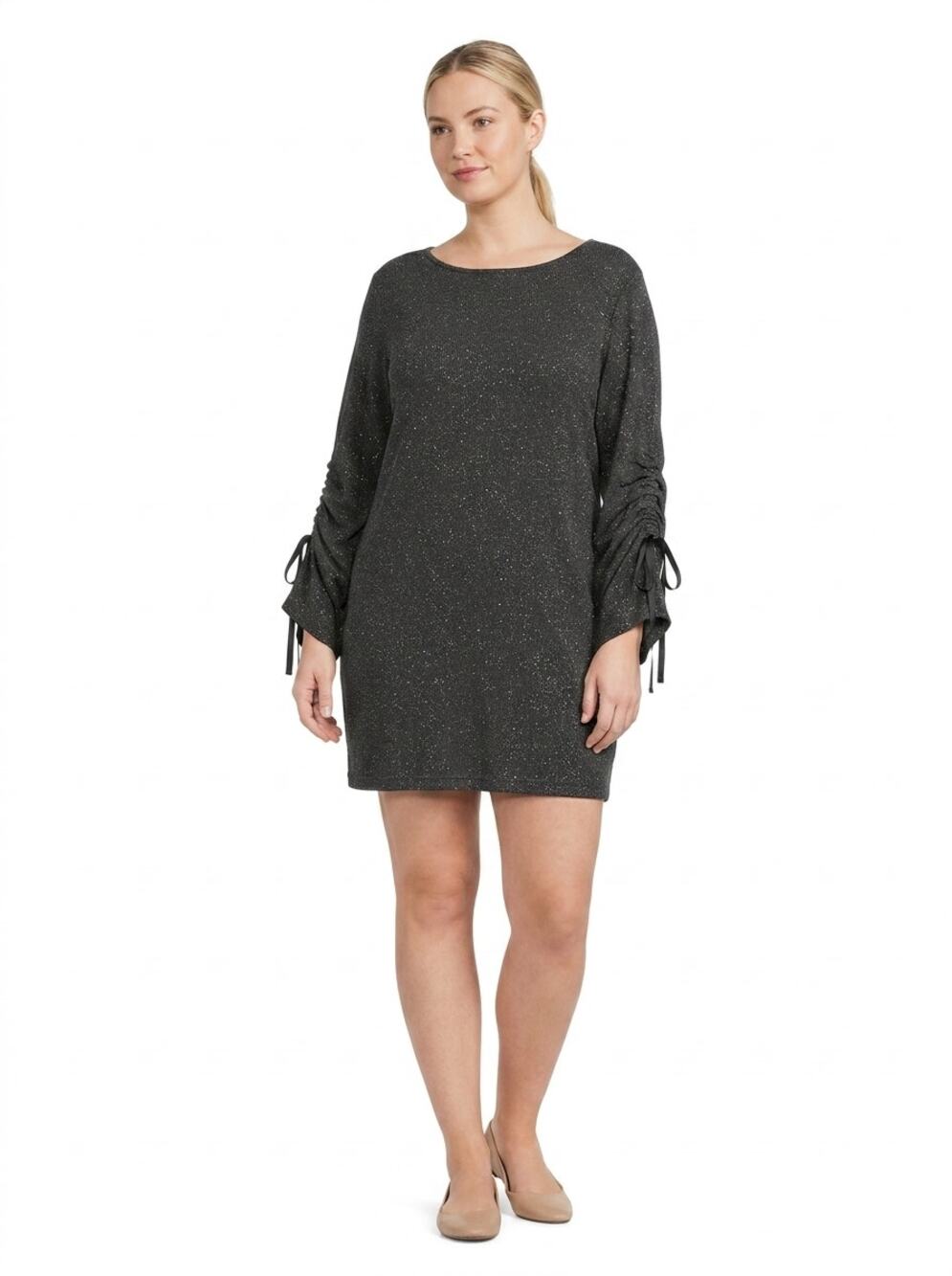Juicy Couture Gray Metallic Knit Ruched Sleeve Sweater Dress Women Size L